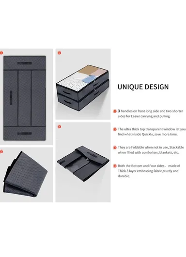 4 Pcs Under Bed Zipper Bag With Handle Transparent Window Foldable Blankets Clothes Storage Bin KZ-001001 (L100 x W50 x H15)cm - Black