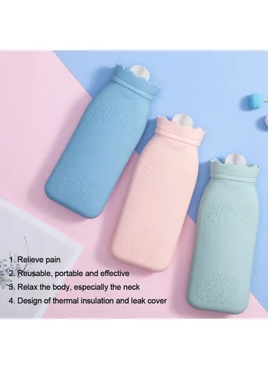 650ML Hot Water Bottle 650ml Warmer Silicone Heat Preservation Hot Water Bag JH-1915 (D9.5 x H24.5)cm -Blue