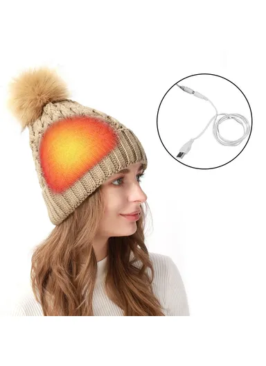USB Heated Hat Beanie Autumn Winter Warm Knitted Cap With Pompom For Outdoor Cycling Hiking Skiing - Khaki