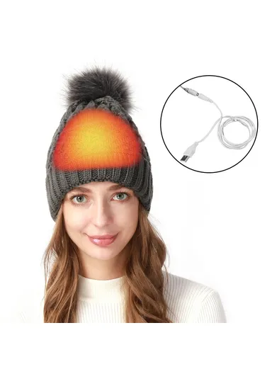 USB Heated Hat Beanie Autumn Winter Warm Knitted Cap With Pompom For Outdoor Cycling Hiking Skiing - Dark Grey