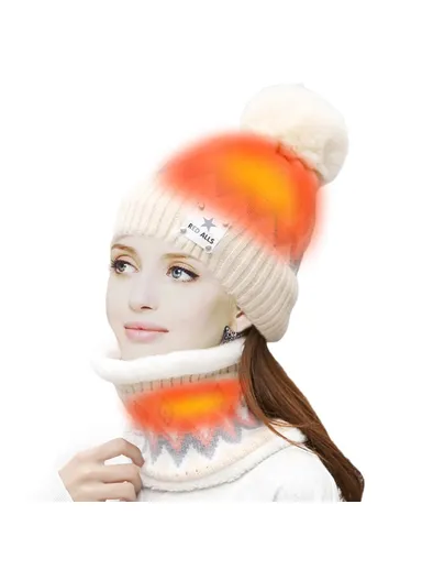 USB Heated Hat &amp; Scarf Set Outdoor Winter Electric Hat Neck Warmer For Women Soft Lined Knitted Hat Warm Cap - Beige