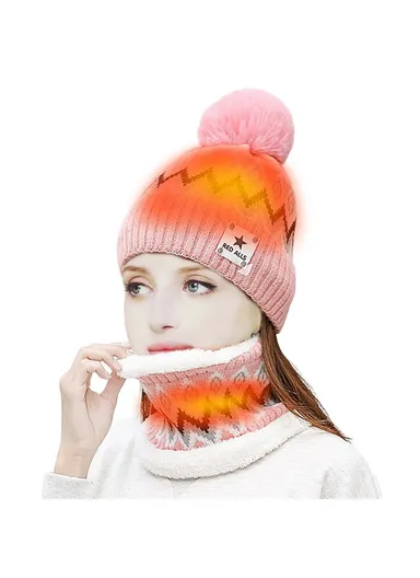 USB Heated Hat &amp; Scarf Set Outdoor Winter Electric Hat Neck Warmer For Women Soft Lined Knitted Hat Warm Cap - Pink