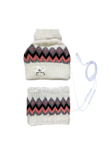USB Heated Hat &amp; Scarf Set Outdoor Winter Electric Hat Neck Warmer For Women Soft Lined Knitted Hat Warm Cap - White