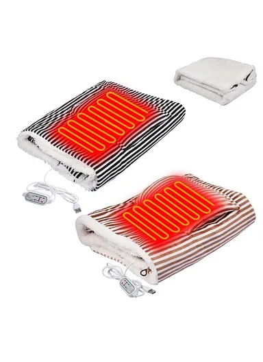 3-Gear USB Electric Heating Blanket Office Home Body Warm Heated Blanket Shawl With Hand Pocket -  Coffee