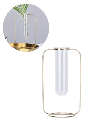 Transparent Glass Planter Tube Hydroponic Plant Dried Flower Iron Stand Home Decor (L25 x W14.2)cm- Champagne Gold -L