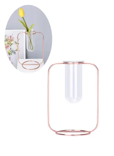 Glass Test Tube Planter Hydroponic Plant Flower Vase with Iron Stand, Size S - Rose Gold