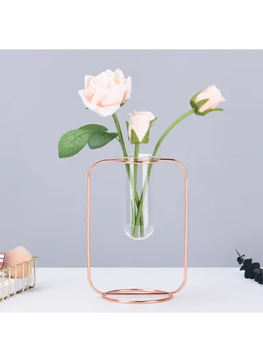 Glass Test Tube Planter Hydroponic Plant Flower Vase with Iron Stand, Size S - Rose Gold