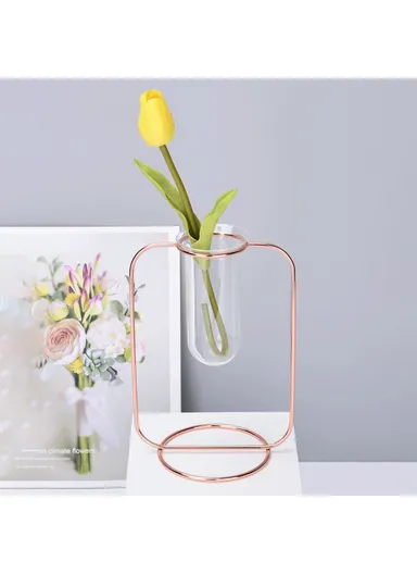 Glass Test Tube Planter Hydroponic Plant Flower Vase with Iron Stand, Size S - Rose Gold