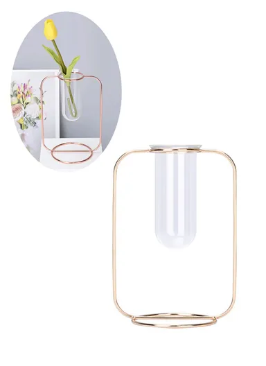Glass Test Tube Planter Hydroponic Plant Flower Vase with Iron Stand, Size S - Champagne Gold