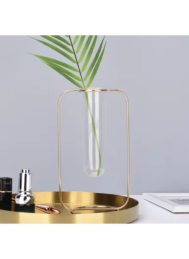Glass Test Tube Planter Hydroponic Plant Flower Vase with Iron Stand, Size S - Champagne Gold