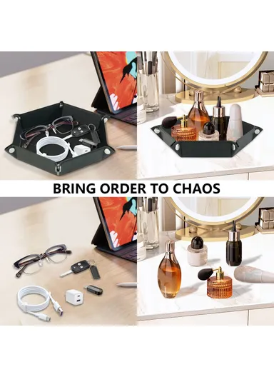 7-inch PU Leather Sundries Organizer Tray Hexagon Home Desktop Storage Tray - Black