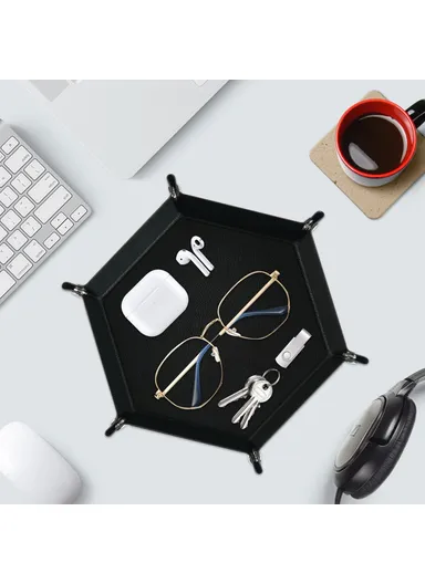 7-inch PU Leather Sundries Organizer Tray Hexagon Home Desktop Storage Tray - Black