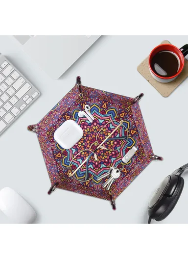 7-inch PU Leather Sundries Organizer Tray Hexagon Home Desktop Storage Tray - Bohemian Purple