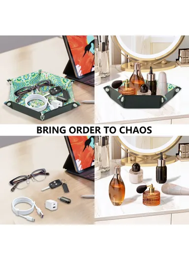 7-inch PU Leather Sundries Organizer Tray Hexagon Home Desktop Storage Tray - Bohemian Green