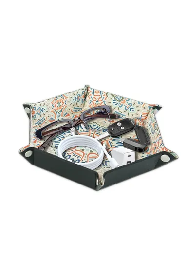 7-inch PU Leather Sundries Organizer Tray Hexagon Home Desktop Storage Tray - Bohemian Orange