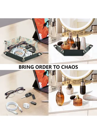7-inch PU Leather Sundries Organizer Tray Hexagon Home Desktop Storage Tray - Bohemian Orange
