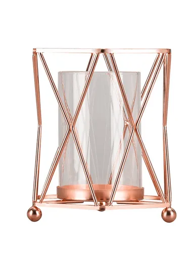 Desk Decorative Transparent Glass Vase Geometric Hydroponic Vase With Iron Frame Size S (L16 x W14.5)cm - Rose Gold