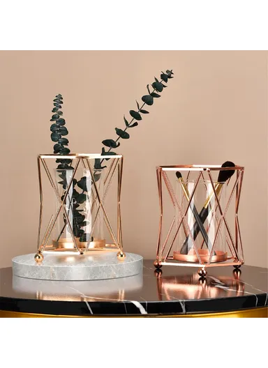 Desk Decorative Transparent Glass Vase Geometric Hydroponic Vase With Iron Frame Size S (L16 x W14.5)cm - Rose Gold