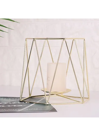 Iron Hollow Candle Holders Retro Geometric Design Tea Light Candlestick Holders for Vintage Wedding Home Decoration, Size: L - Gold