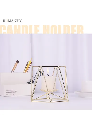 Iron Hollow Candle Holders Retro Geometric Design Tea Light Candlestick Holders for Vintage Wedding Home Decoration, Size: L - Rose Gold