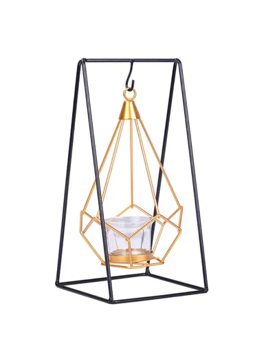 Retro Geometric Candle Holder Wrought Iron Hollow Lantern With Glass Candle Holder Metal Hexagon Shaped Creative Candle Stand For Living Room Bedroom - Swing