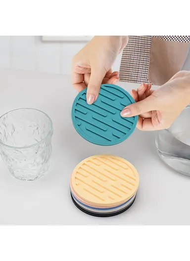 4Pcs Set Round Thick Silicone Drink Coaster Non-Slip Heatproof Cup Mug Pad Mat (D10 x H0.5)cm - Blue