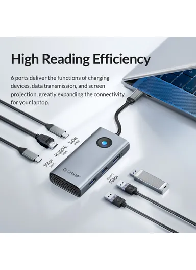 100W 6 in 1 Portable Docking Station 4K Video PD Charging Multifunctional Type-C Hub PW11-6P - Dark Grey