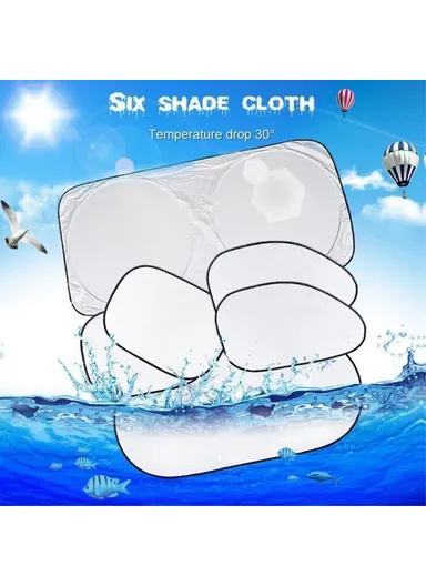 6Pcs Car Windshield Sun Shade Set Silver Coated Cloth Car Windshield Cover Front Rear Window Visor BY-342 - Silver