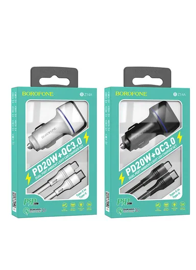 18W Dual Port Ambient Light Car Charger Set (Type-C To Type-C) With USB Bz14a (L6.5 x W2.9 x H2.4)cm - White