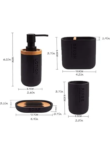 4-Pcs Resin Decorative Soap Dish With Wooden &amp; Bamboo Accessories, Toothbrush Holder, Soap Dispenser &amp; Cup, Bathroom Accessories Set - Black