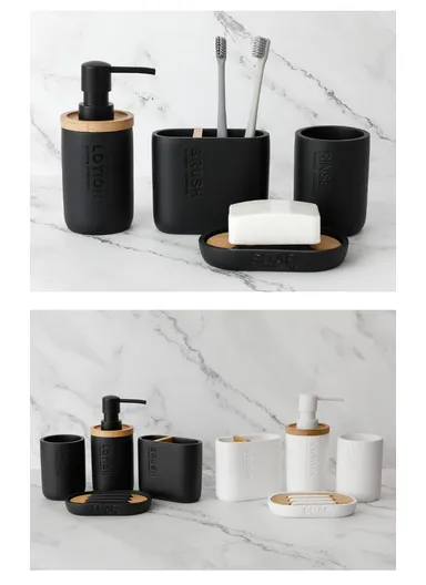4-Pcs Resin Decorative Soap Dish With Wooden &amp; Bamboo Accessories, Toothbrush Holder, Soap Dispenser &amp; Cup, Bathroom Accessories Set - Black