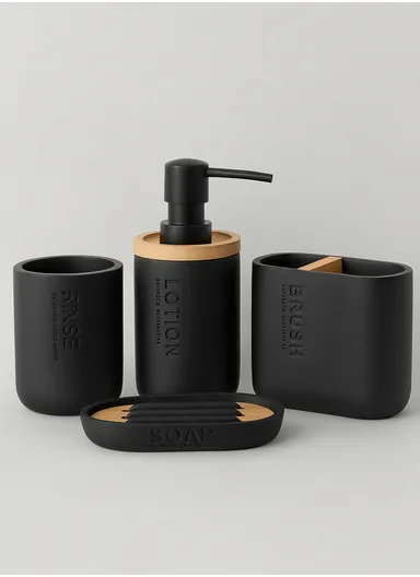 4-Pcs Resin Decorative Soap Dish With Wooden &amp; Bamboo Accessories, Toothbrush Holder, Soap Dispenser &amp; Cup, Bathroom Accessories Set - Black