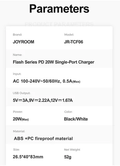 20W Flash Series Single-Port Charger JR-TCF06 (L2.6 x W4 x H6)cm - Black