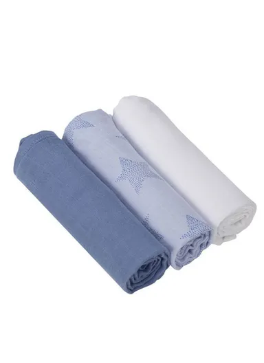 3 Pcs Bamboo &amp; Cotton Silky Soft Muslin Cloth Set 3540 (L70 x W70)cm - Blue