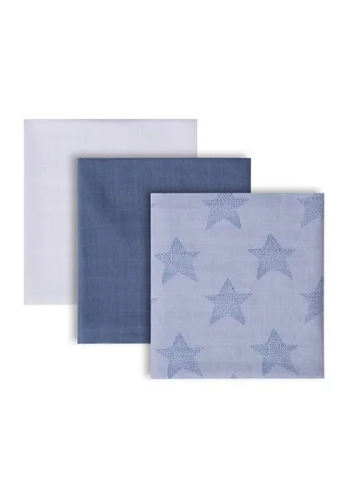 3 Pcs Bamboo &amp; Cotton Silky Soft Muslin Cloth Set 3540 (L70 x W70)cm - Blue