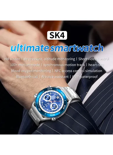 SK4 1.45" Round Screen Multi-Function Waterproof Smartwatch With Wireless Charger &amp; Extra Strap