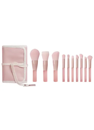 10Pcs Set Makeup Tool Soft Artificial Fiber Brush Kit, Eye Shadow Highlight &amp; Foundation Powder With Storage Bag