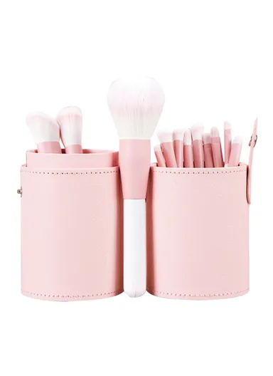 12Pcs Set Makeup Brushes Soft Artificial Fiber Brush Set For Foundation Powder Eye Shadow &amp; Cylindrical Storage Case - Pink