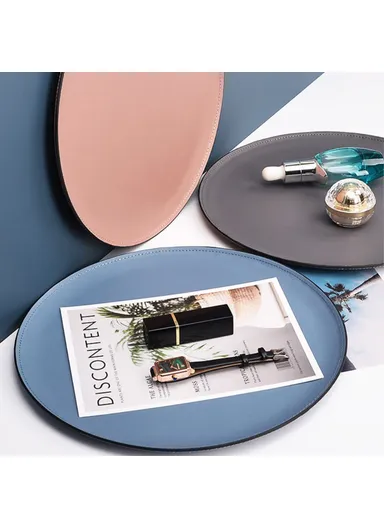 Scandinavian Minimalist Style Metal &amp; Double-Sided Leather Finish Circular Organizer Plate - Blue