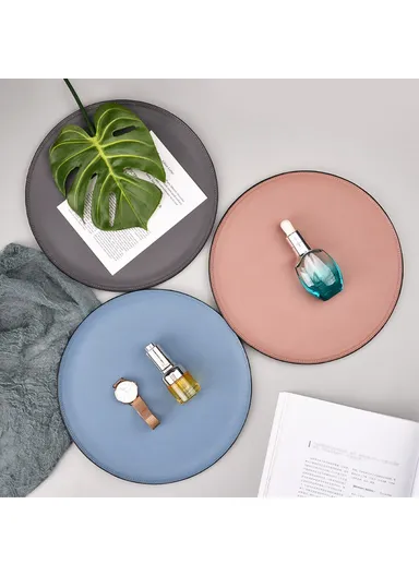 Scandinavian Minimalist Style Metal &amp; Double-Sided Leather Finish Circular Organizer Plate - Blue