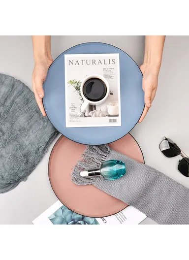 Scandinavian Minimalist Style Metal &amp; Double-Sided Leather Finish Circular Organizer Plate - Blue