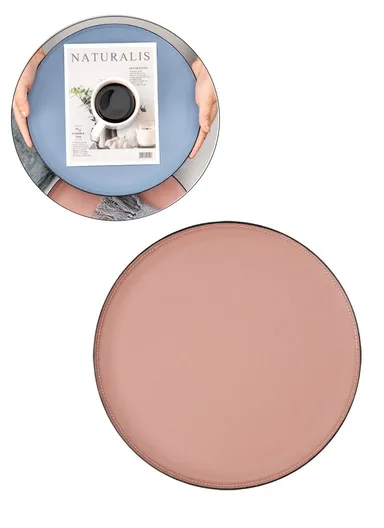 Scandinavian Minimalist Style Metal &amp; Double-Sided Leather Finish Circular Organizer Plate - Pink