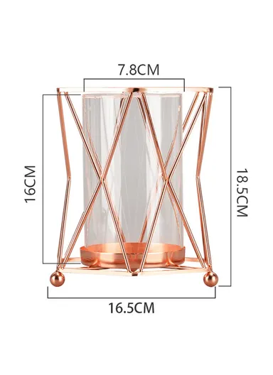 Stylish Transparent Glass Geometric Hydroponic Vase Desk Decorative With Iron Stand (D16.5 x H18.5)cm - Rose Gold