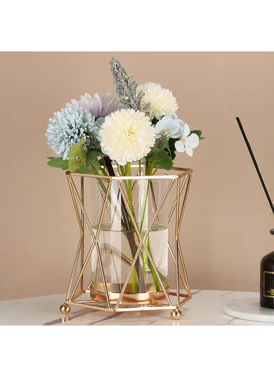Stylish Transparent Glass Geometric Hydroponic Vase Desk Decorative With Iron Stand (D16.5 x H18.5)cm - Rose Gold
