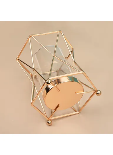 Stylish Transparent Glass Geometric Hydroponic Vase Desk Decorative With Iron Stand (D16.5 x H18.5)cm - Rose Gold