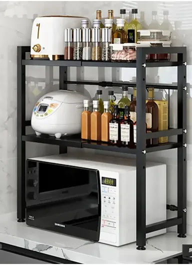 2-Tiers Carbon Steel Microwave Stand, Expandable Rack Storage Countertop (L66 x W32 x H82.5)cm - Black