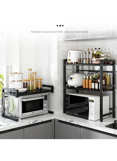 2-Tiers Carbon Steel Microwave Stand, Expandable Rack Storage Countertop (L66 x W32 x H82.5)cm - Black