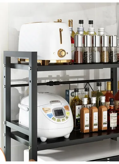 2-Tiers Carbon Steel Microwave Stand, Expandable Rack Storage Countertop (L66 x W32 x H82.5)cm - Black