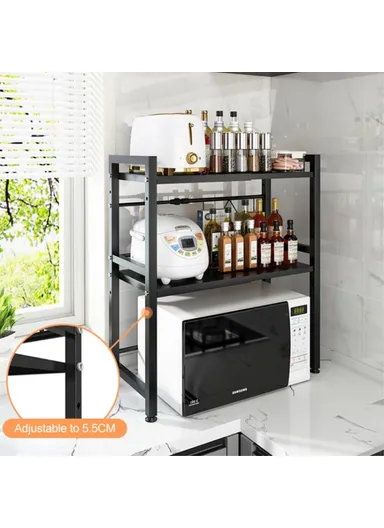 2-Tiers Carbon Steel Microwave Stand, Expandable Rack Storage Countertop (L66 x W32 x H82.5)cm - Black
