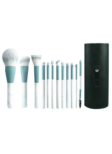 12Pcs Set Makeup Brushes Soft Artificial Fiber Brush Set For Foundation Powder Eye Shadow &amp; Cylindrical Storage Case - Blue